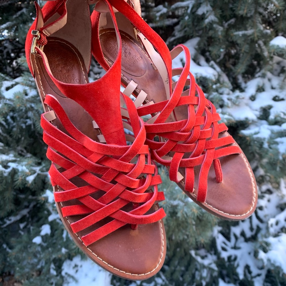 Vince Camuto Syndia Leather Suede Wedge Sandals 8.5 Juicy Red